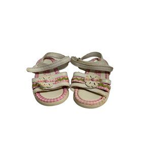 Faded Glory Baby Girls Infant Size 3 White Sandals Hook & Loop Pink Floral Gingh